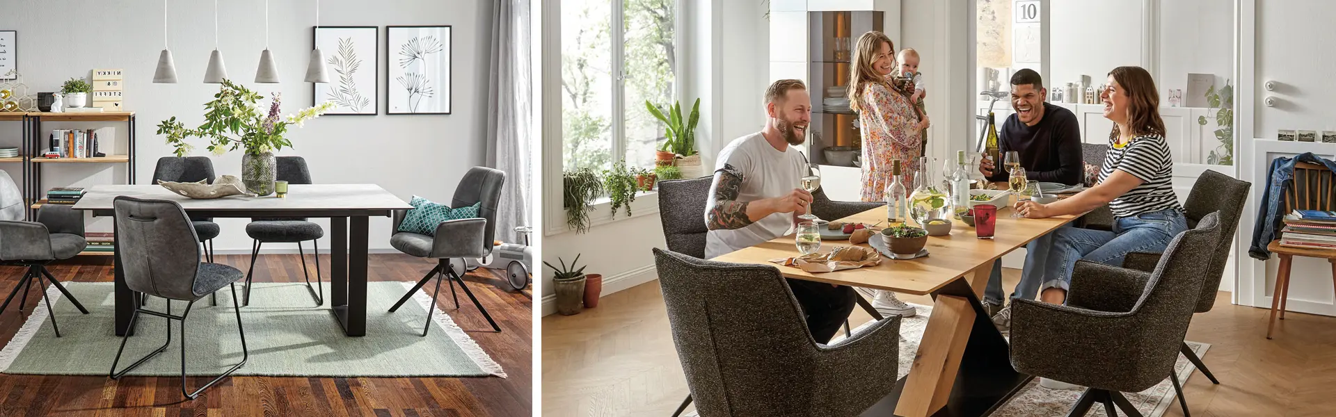 Ein Esstisch mit Stühlen bildet die Essgruppe. Hier speisen Singles, Familien und Freunde. 